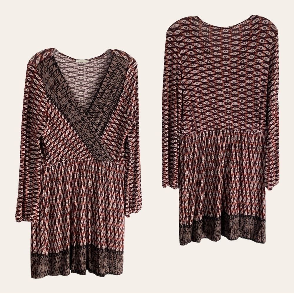 Olive Tree Boho Print 3/4 Sleeve Plunge Wrap Stretch Jersey Knit Mini Dress M